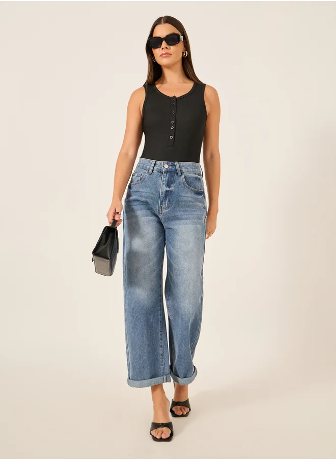 Styli Ribbed Button Front Sleeveless Jersey Bodysuit