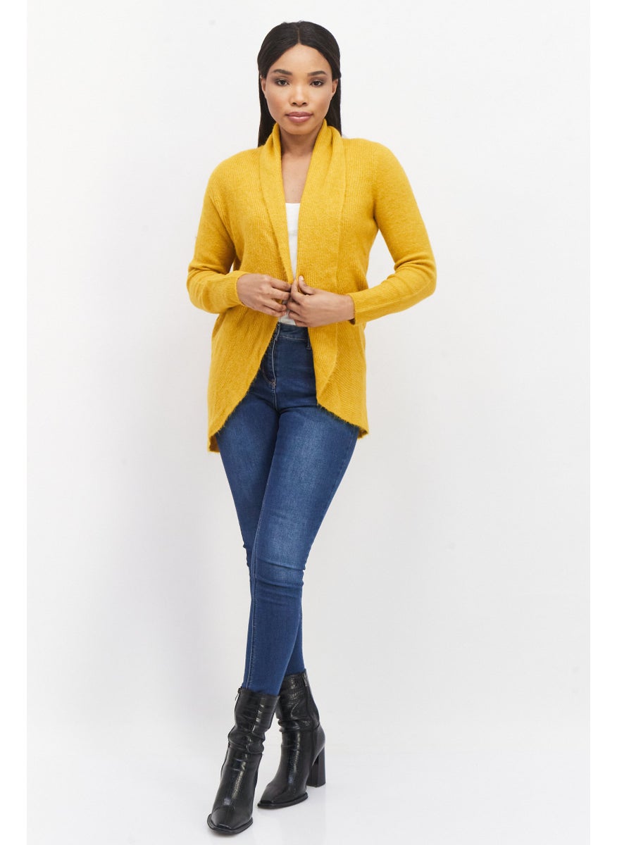 Zero - Women Split Neck Long Sleeve Textured Open Front Cardigan, Mustard - Image 1