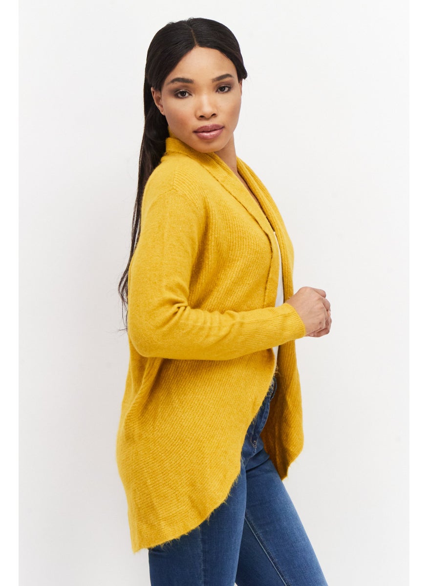 Zero - Women Split Neck Long Sleeve Textured Open Front Cardigan, Mustard - Image 1
