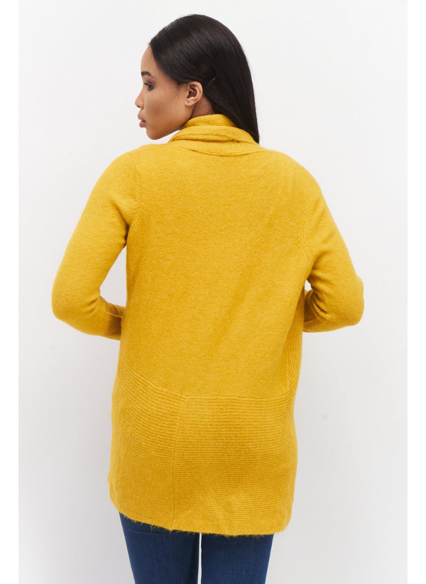 Zero - Women Split Neck Long Sleeve Textured Open Front Cardigan, Mustard - Image 1