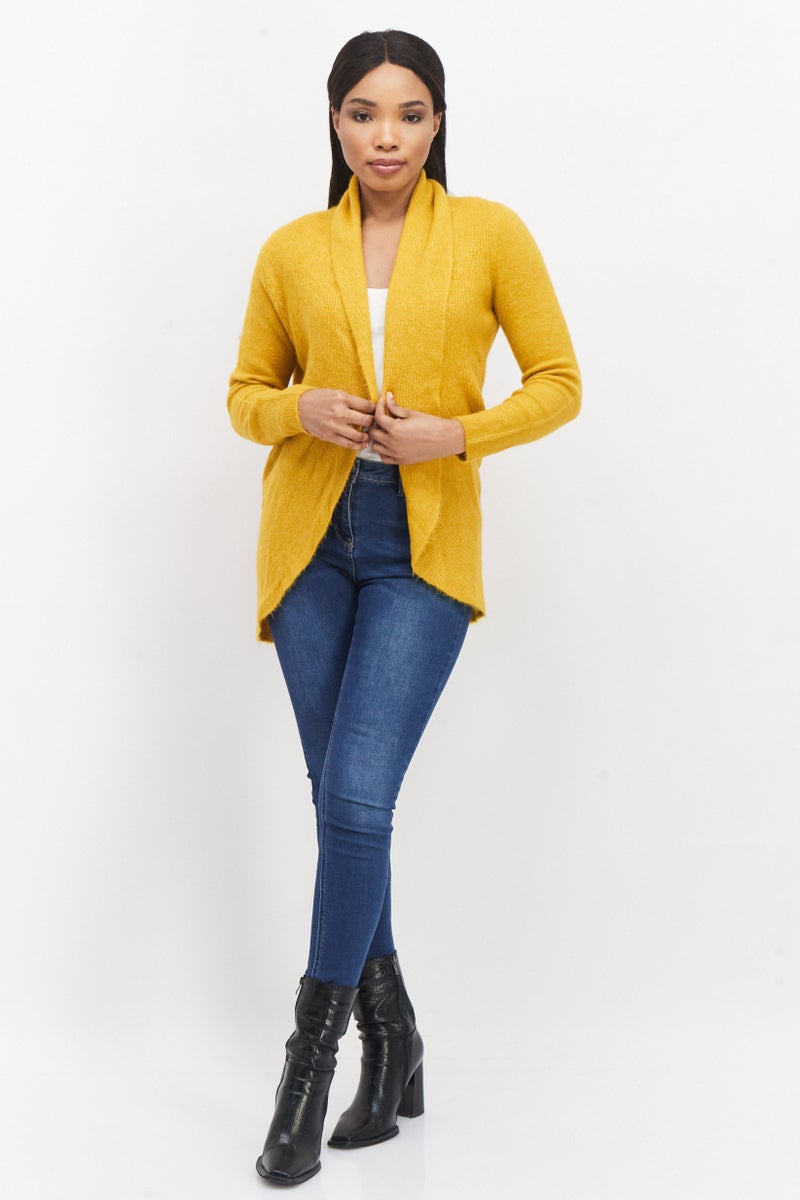 Zero Women Split Neck Long Sleeve Textured Open Front Cardigan, Mustard - Image 2