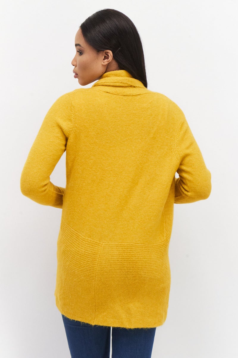 Zero Women Split Neck Long Sleeve Textured Open Front Cardigan, Mustard - Image 2