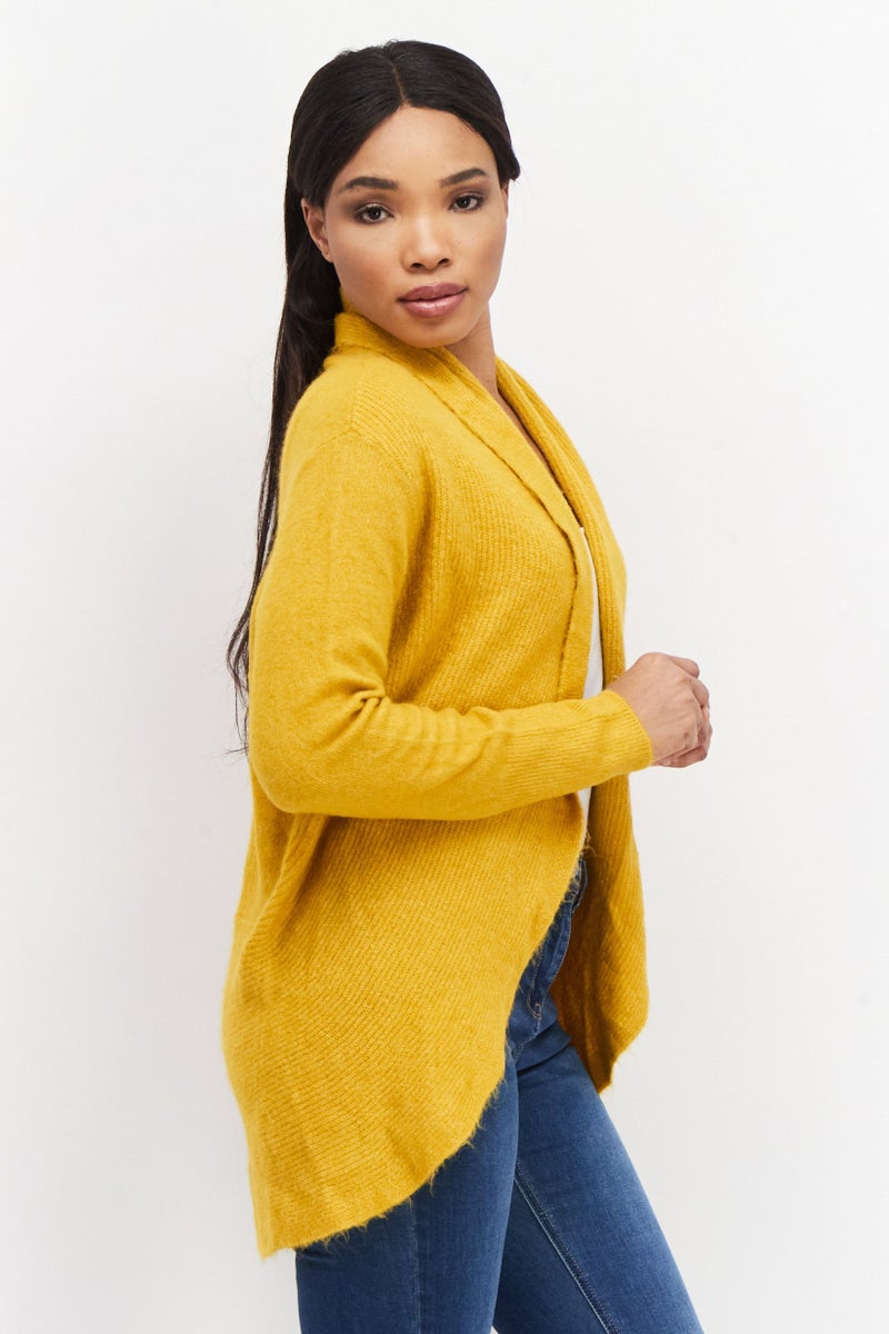 Zero Women Split Neck Long Sleeve Textured Open Front Cardigan, Mustard - Image 3