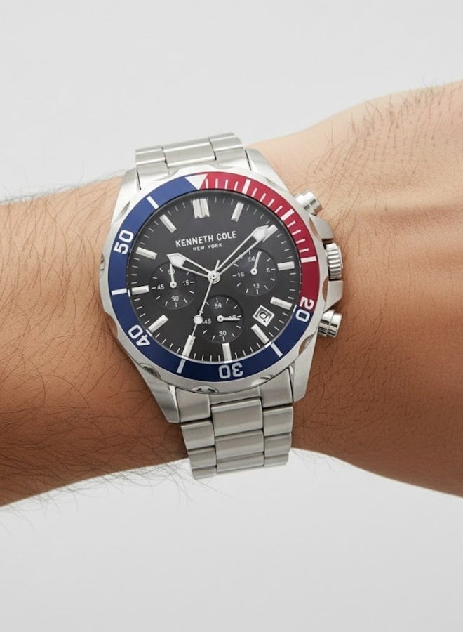 Kenneth Cole New York Dress Sport Black Dial Silver Stainless Steel Bracelet Chronograph Watch for Men 43mm - Image 4