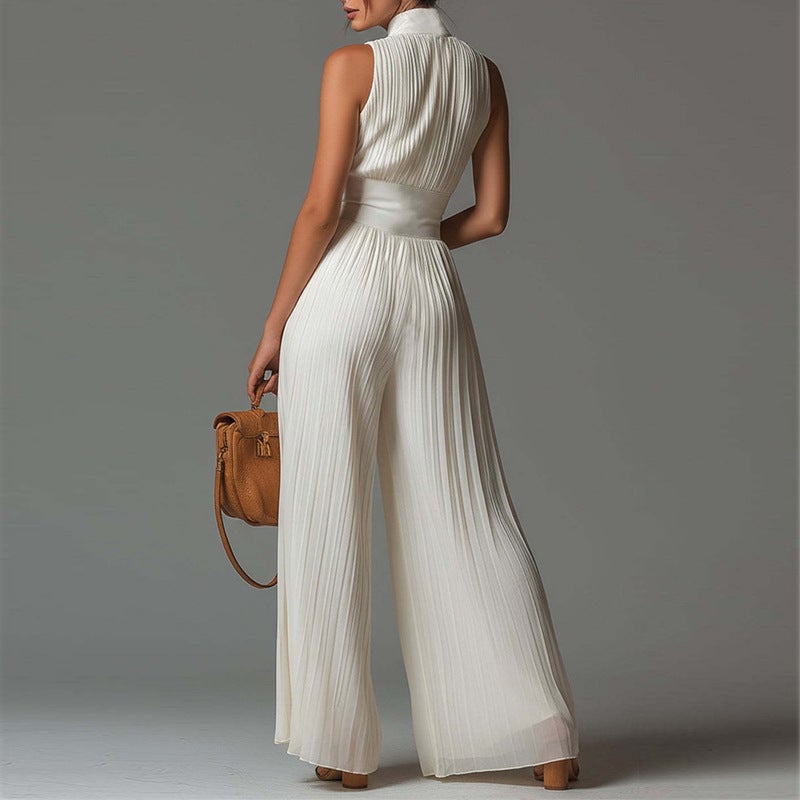 2026 New Style White Pleated Halter Neck Jumpsuit For Women, Long Wide-Leg Fashion Pleated Women'S Clothing - Image 3