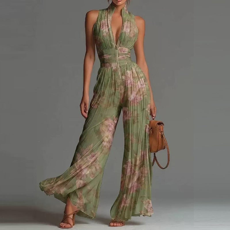 2026 New Style White Pleated Halter Neck Jumpsuit For Women, Long Wide-Leg Fashion Pleated Women'S Clothing - Image 5