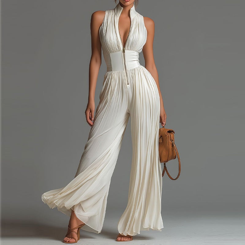 2026 New Style White Pleated Halter Neck Jumpsuit For Women, Long Wide-Leg Fashion Pleated Women'S Clothing - Image 2