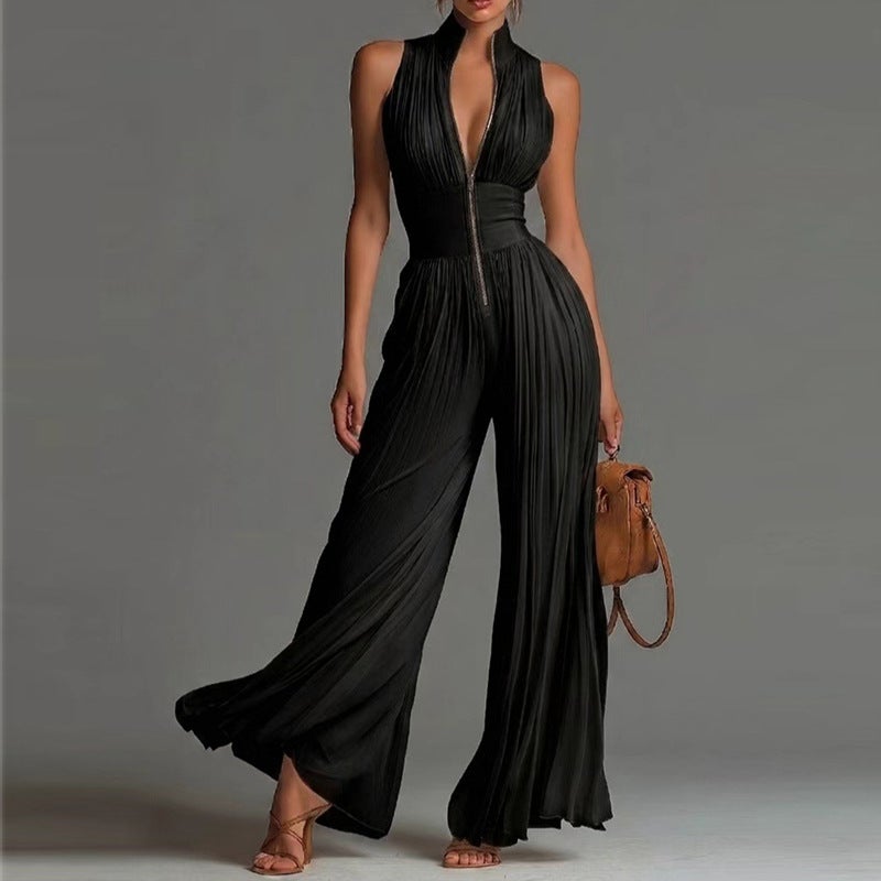 2026 New Style White Pleated Halter Neck Jumpsuit For Women, Long Wide-Leg Fashion Pleated Women'S Clothing - Image 1