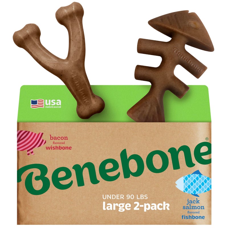 Benebone 2-pack Fishbone/Wishbone Durable Dog Chew Toys, Real Fish, Real Bacon, Made in USA, Large - Image 1