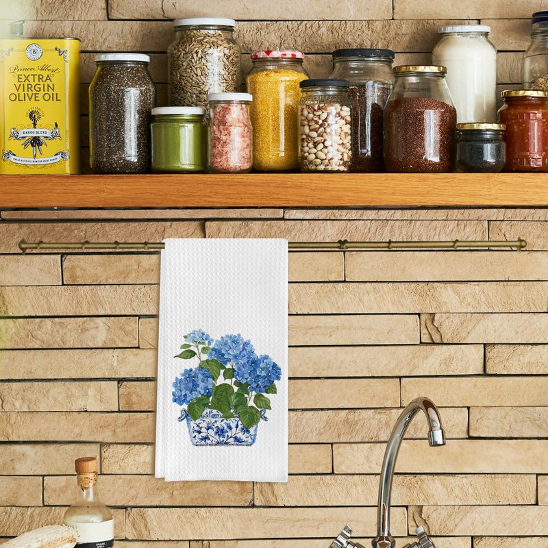 Qpenm Chinoiserie Kitchen Towels 16x24 Inches - Blue and White Hydrangea Floral Dish Towels, Decorative Hand Towels for Bathroom and Kitchen - Image 2