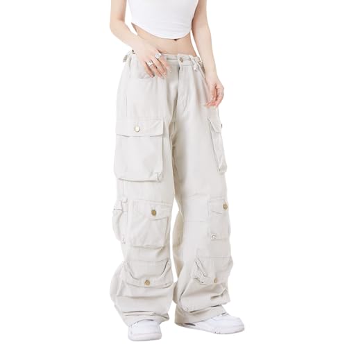 Sumleno Women's Baggy Cargo Pants Y2K Clothing Multi-Pocket Relaxed Fit Jeans Fairy Grunge Clothes Alt Emo Streetwear (Beige,M) - Image 1