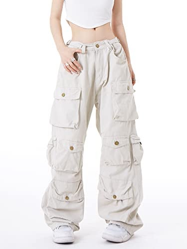 Sumleno Women's Baggy Cargo Pants Y2K Clothing Multi-Pocket Relaxed Fit Jeans Fairy Grunge Clothes Alt Emo Streetwear (Beige,M) - Image 3
