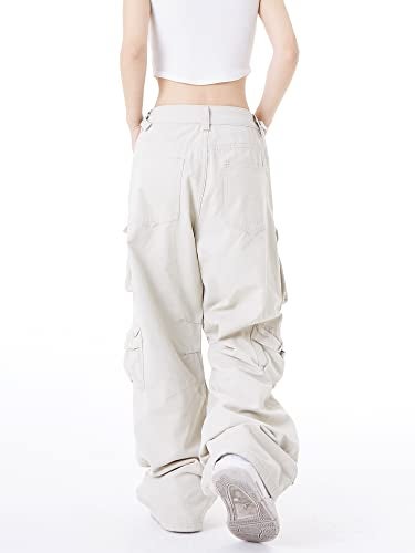 Sumleno Women's Baggy Cargo Pants Y2K Clothing Multi-Pocket Relaxed Fit Jeans Fairy Grunge Clothes Alt Emo Streetwear (Beige,M) - Image 5