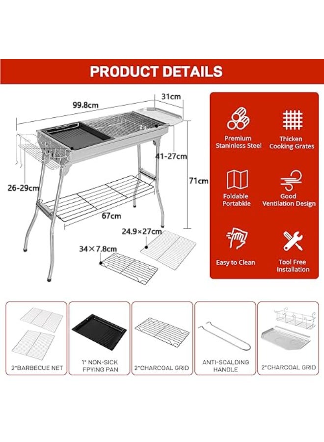 WALALLA Portable Large Charcoal Grill - 99cm Foldable Stainless Steel BBQ for Outdoor Cooking, Compact Design for Camping, Beach & Garden Parties (Easy Carry & Clean) - Image 2