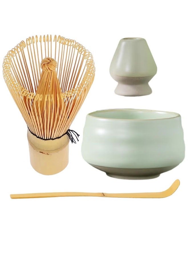 ميكسد طقم شاي ماتشا مكون من 4 قطع، طقم خفق ماتشا تقليدي مع وعاء سيراميك ومغرفة وشوكة وخفاقة ماتشا من الخيزران وحامل، طقم شاي ماتشا المثالي (أخضر فاتح) - Image 2
