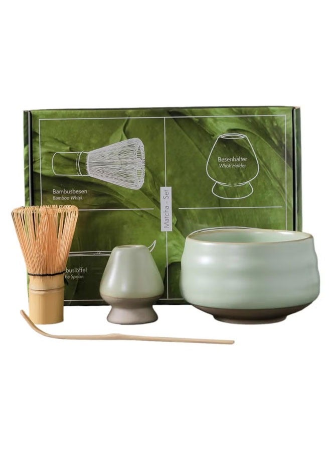 ميكسد طقم شاي ماتشا مكون من 4 قطع، طقم خفق ماتشا تقليدي مع وعاء سيراميك ومغرفة وشوكة وخفاقة ماتشا من الخيزران وحامل، طقم شاي ماتشا المثالي (أخضر فاتح) - Image 1