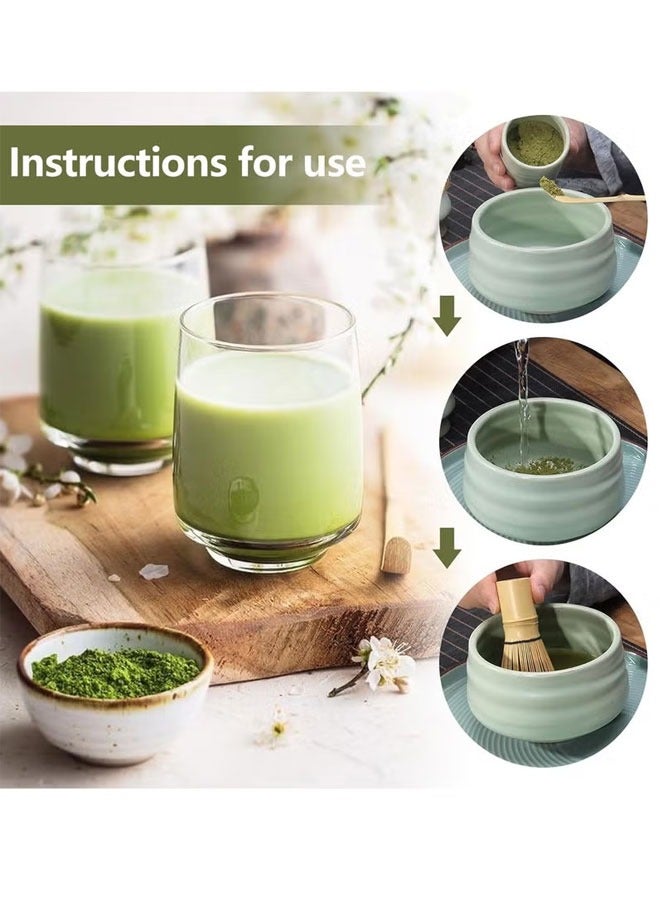ميكسد طقم شاي ماتشا مكون من 4 قطع، طقم خفق ماتشا تقليدي مع وعاء سيراميك ومغرفة وشوكة وخفاقة ماتشا من الخيزران وحامل، طقم شاي ماتشا المثالي (أخضر فاتح) - Image 5