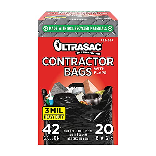 Ultrasac Contractor Bags 42 Gallon (20 PACK/w FLAP TIES), 32.75 x 44.5-3 MIL Thick Large Black Heavy Duty Industrial Garbage Trashbags for Professional Construction and Commercial use - Image 1