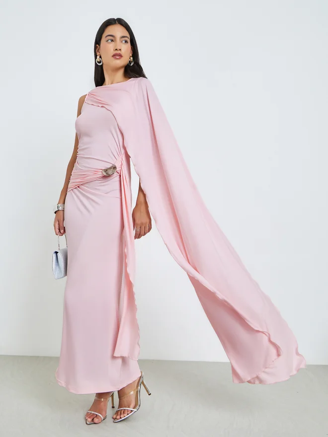 Styli Styli Pink Draped Maxi Dress with Metallic Clasp