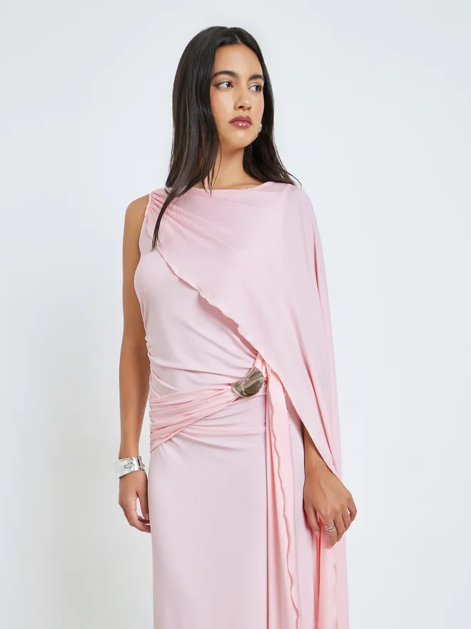 Styli Styli Pink Draped Maxi Dress with Metallic Clasp