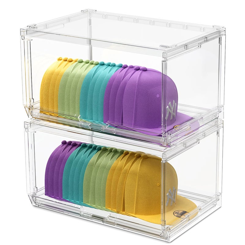 SCAVATA 2 Pack Large Hat Organizer Box Stackable Clear Baseball Caps Holder Box Containers with Sliding Door for Hats Snapback Cap Storag Hat Rack Display Case Holds 20 Hats Each Clear