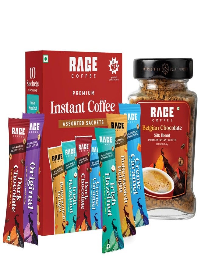 Rage Coffee Instant Freeze Dried Coffee Combo Pack | 10 Sachets (2g each) | Irish Hazelnut, Cream Caramel, Dark Chocolate, Original, Butterscotch Delight + Silk Blend Belgian Chocolate Coffee 60g - Image 1