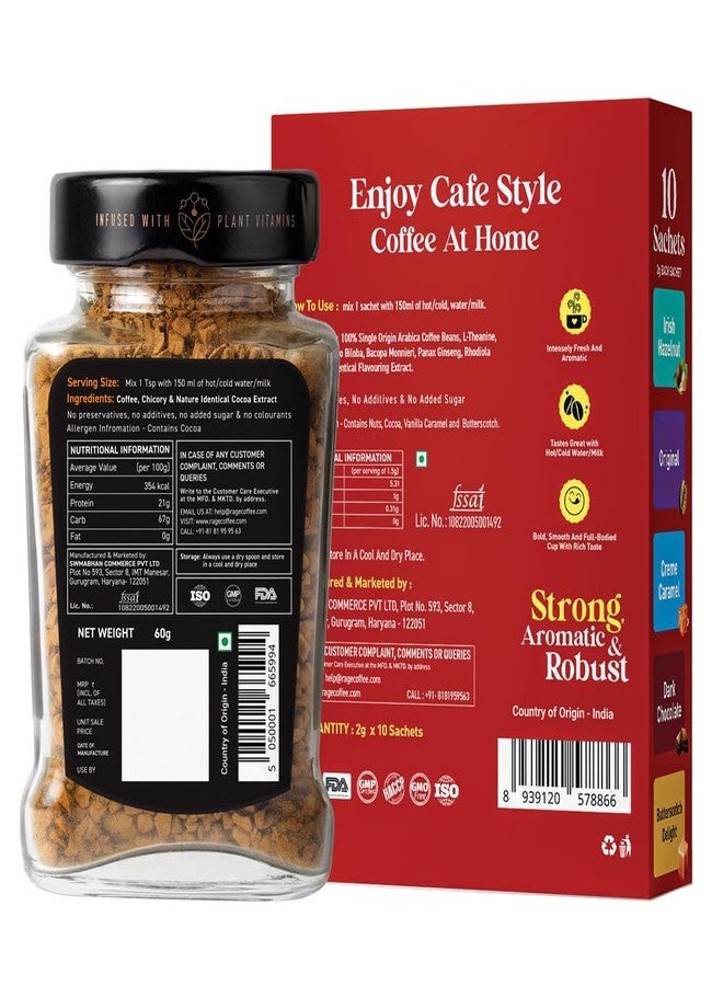 Rage Coffee Instant Freeze Dried Coffee Combo Pack | 10 Sachets (2g each) | Irish Hazelnut, Cream Caramel, Dark Chocolate, Original, Butterscotch Delight + Silk Blend Belgian Chocolate Coffee 60g - Image 2