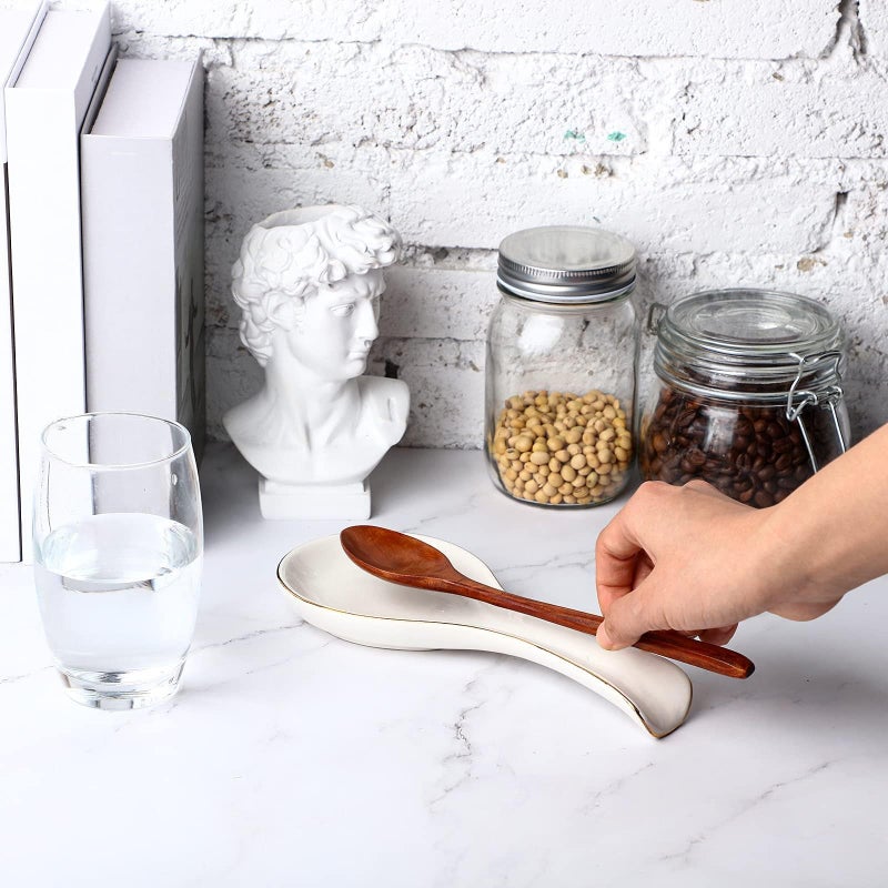 Patelai Ceramic Spoon Rest Spoon Holder Stovetop for Kitchen Stove Coffee Bar Accessories Christmas Gift(White with Gold Brim,Classic Style) - Image 5