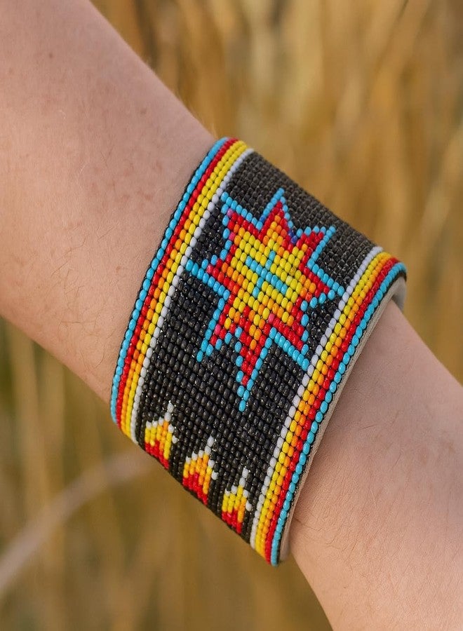 BeadsCorner Southwestern Native Style Seed Beads Beaded Hard Cuff Bracelet (Black Star) - Image 3