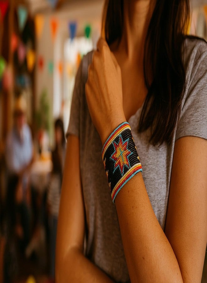 BeadsCorner Southwestern Native Style Seed Beads Beaded Hard Cuff Bracelet (Black Star) - Image 4