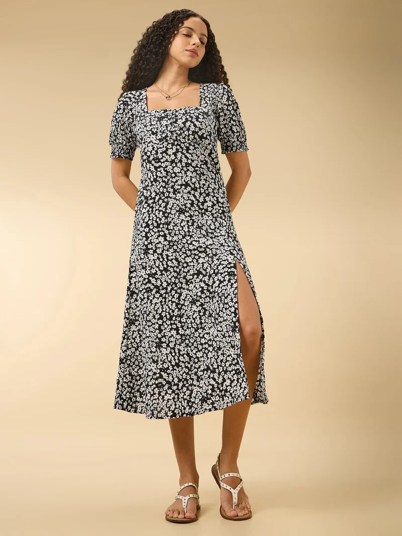 OUTZIDR Black Aline Midi Dress With Slit Detail