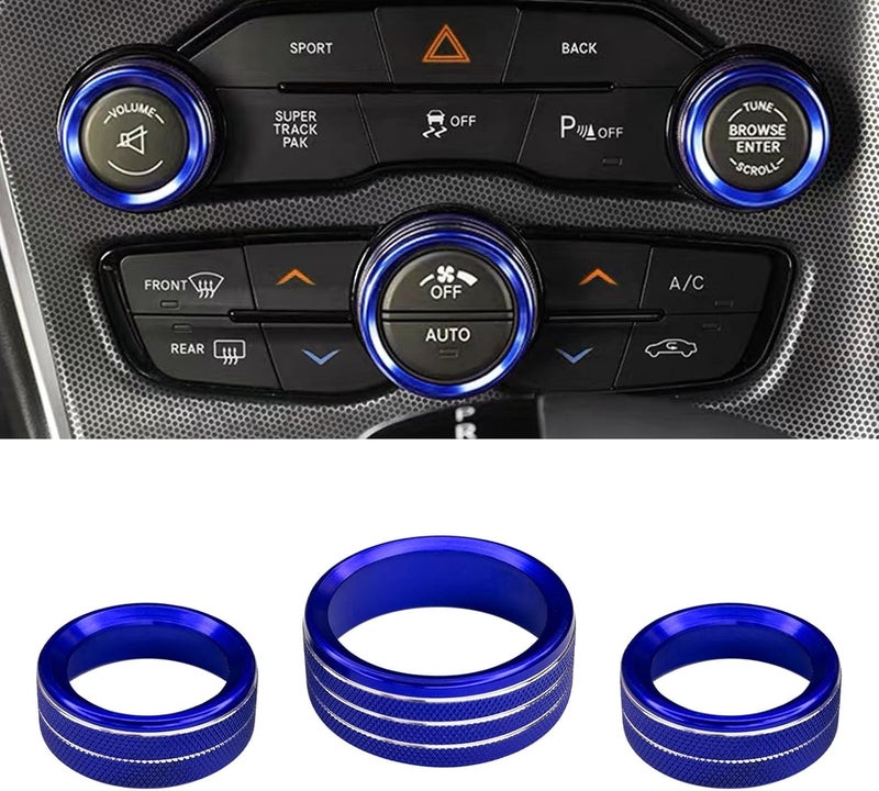 UZZH 3PCS AC Air Conditioner Switch Button Knob Cover, Car Interior Decor Accessories Radio Volume Control Knob Decals for Dodge Challenger Jeep Grand Cherokee Charger Durango Journey Chrysler (Blue) - Image 1