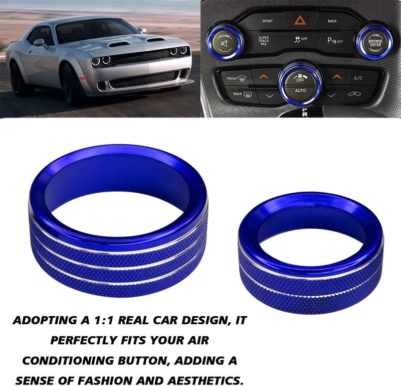 UZZH 3PCS AC Air Conditioner Switch Button Knob Cover, Car Interior Decor Accessories Radio Volume Control Knob Decals for Dodge Challenger Jeep Grand Cherokee Charger Durango Journey Chrysler (Blue) - Image 3