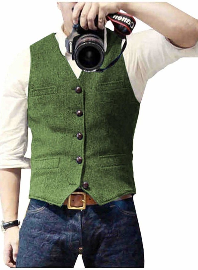 Ceehuteey Mens Suit Vest Waistcoat Tweed Retro V Neck Wool Herringbone for Prom - Image 1