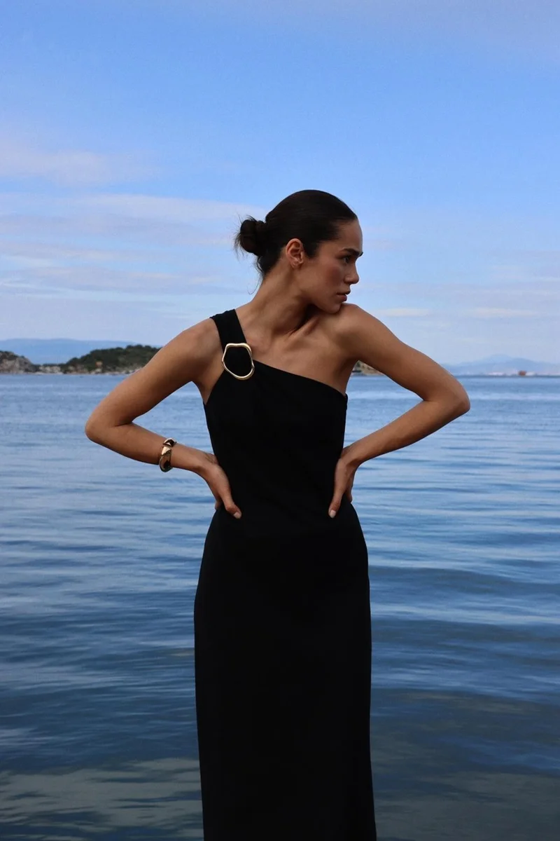 Suud Collection Black Abel One Shoulder Linen Dress