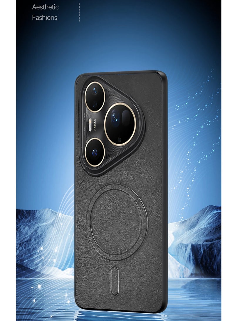 Wtech Huawei Pura 80 Pro 5G 2025 Luxury Matte Leather Magnetic MagSafe Wireless Charging Soft Case Cover (MCMPMN) - Black - Image 4