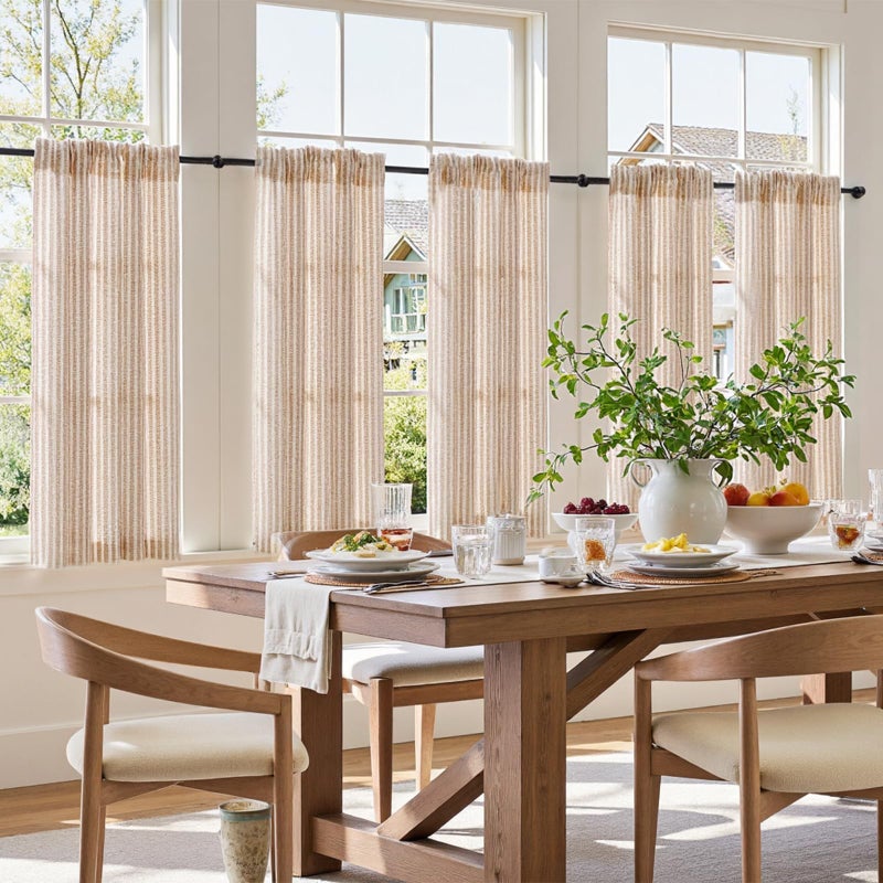 jinchan Striped Linen Kitchen Curtains 45 Inches Length Tier Curtains Farmhouse Modern Cafe Style Small Window Treatments Airy Light Filtering Rod Pocket for Living Room Bathroom 2 Panels Tan - Image 3