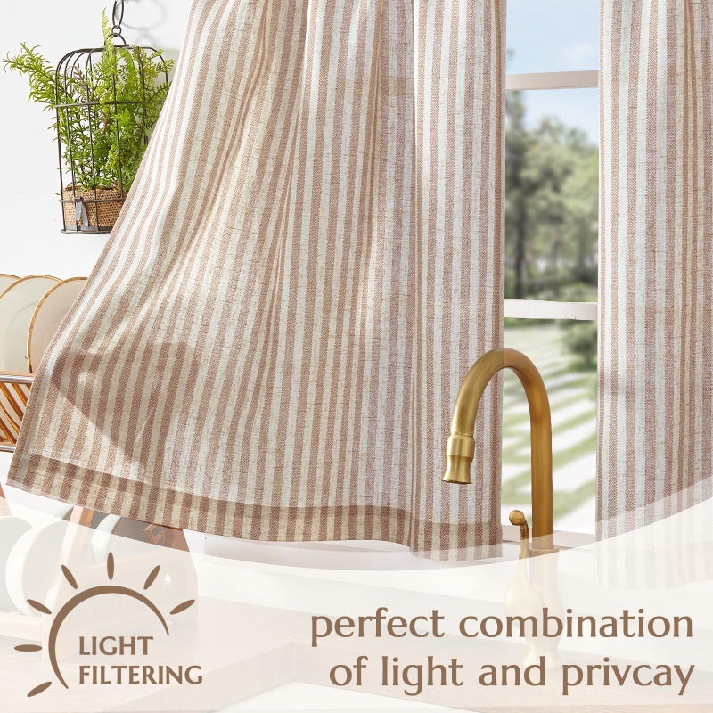 jinchan Striped Linen Kitchen Curtains 45 Inches Length Tier Curtains Farmhouse Modern Cafe Style Small Window Treatments Airy Light Filtering Rod Pocket for Living Room Bathroom 2 Panels Tan - Image 5