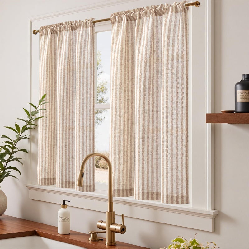 jinchan Striped Linen Kitchen Curtains 45 Inches Length Tier Curtains Farmhouse Modern Cafe Style Small Window Treatments Airy Light Filtering Rod Pocket for Living Room Bathroom 2 Panels Tan - Image 2