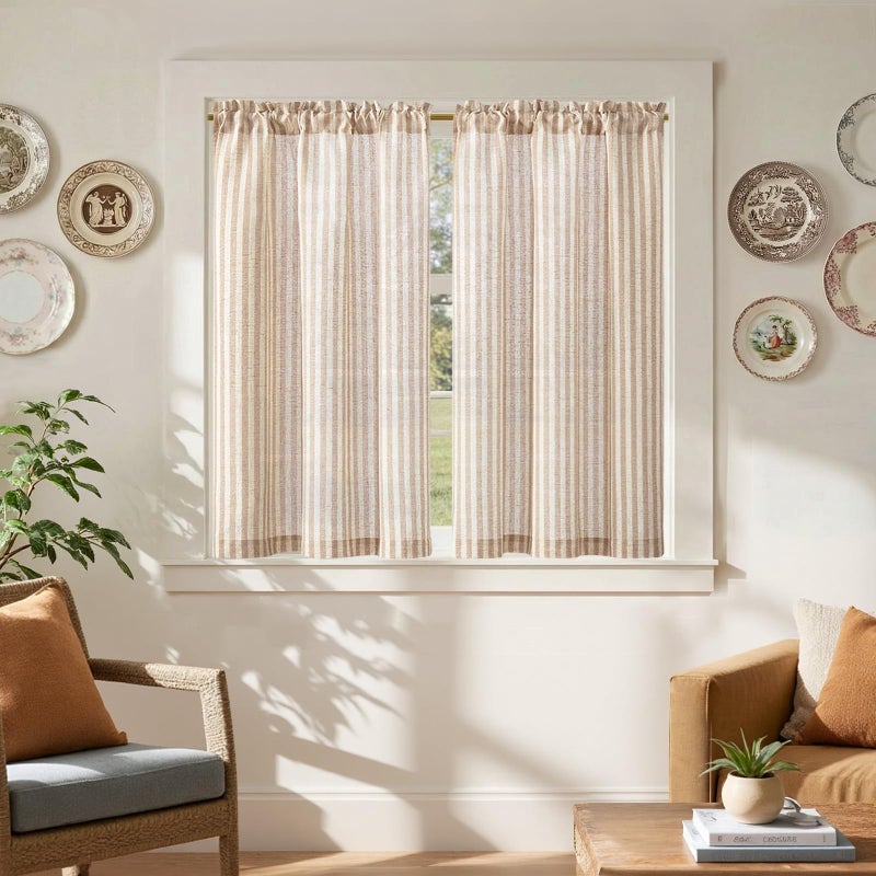 jinchan Striped Linen Kitchen Curtains 45 Inches Length Tier Curtains Farmhouse Modern Cafe Style Small Window Treatments Airy Light Filtering Rod Pocket for Living Room Bathroom 2 Panels Tan - Image 1