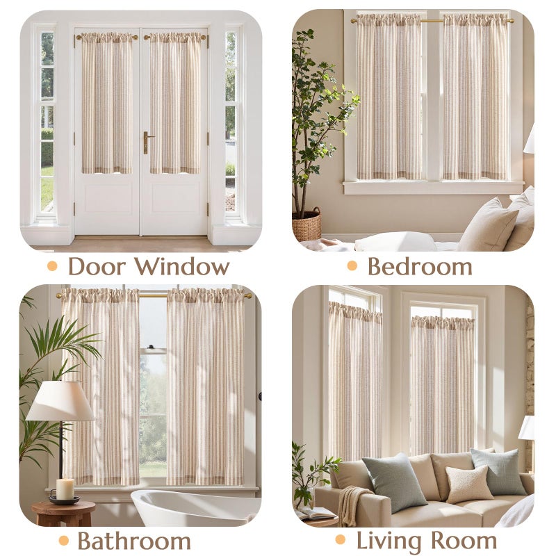 jinchan Striped Linen Kitchen Curtains 45 Inches Length Tier Curtains Farmhouse Modern Cafe Style Small Window Treatments Airy Light Filtering Rod Pocket for Living Room Bathroom 2 Panels Tan - Image 4