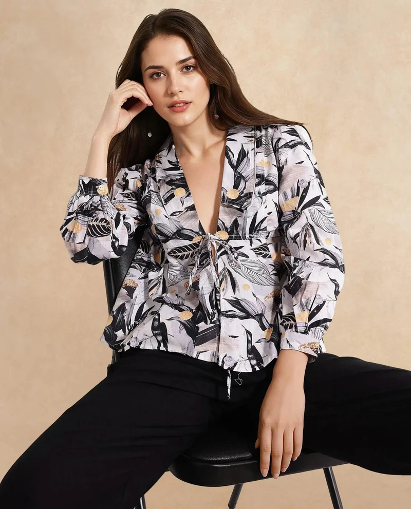 Rareism Women's Tropical Print Collared Top