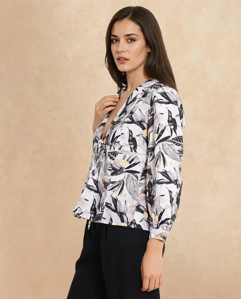 Rareism Women's Tropical Print Collared Top