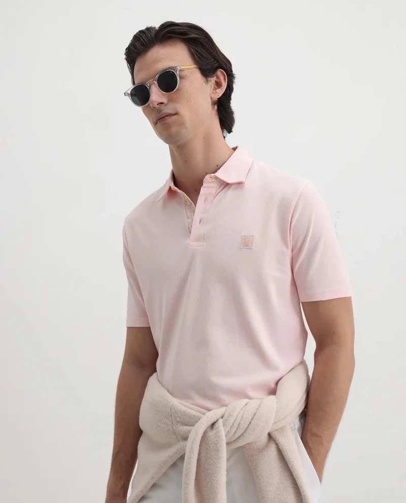 رير رابِت Rare Rabbit Men's Spencer Light Pink Short Sleeve Button Closure Regular Fit Solid Polo T-Shirt