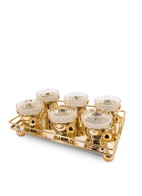 Serving Tray Set with 6 Premium Glass Cups (Arabic Coffee)