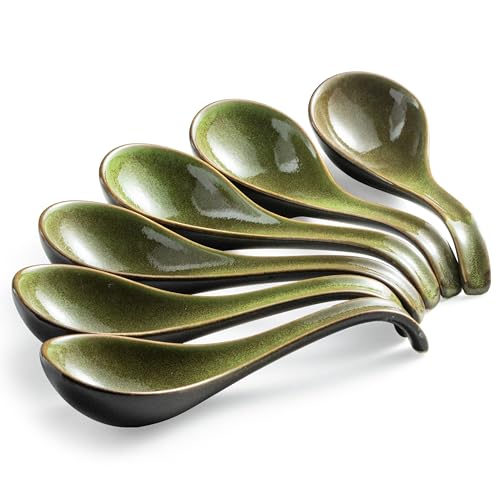 Gomakren Asian Soup Spoons 65 Inch Ceramic Chinese Soup Spoons for Cereal Ramen Pho Noodles Stews Fathers Day Green Kitchen Spoons with Long Handle and Deep Oval Design Set of 6 - Image 1