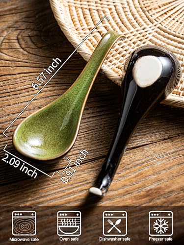 Gomakren Asian Soup Spoons 65 Inch Ceramic Chinese Soup Spoons for Cereal Ramen Pho Noodles Stews Fathers Day Green Kitchen Spoons with Long Handle and Deep Oval Design Set of 6 - Image 3