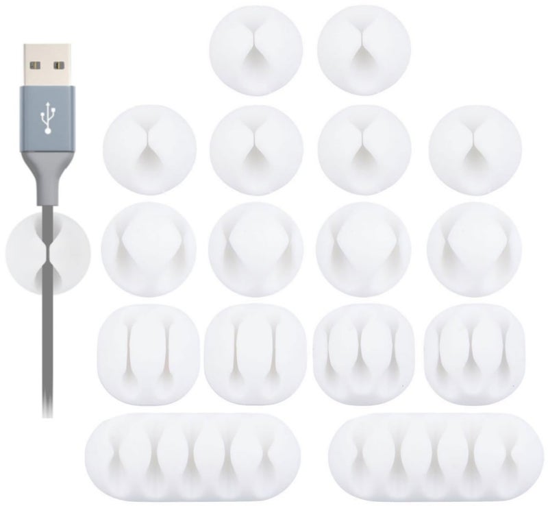OHill Desk Cable Management Cord Organizer, 16 Pack White Self Adhesive Cord Holder Cable Clips, Ideal Cable Organizer Wire Keeper for Desk, Nightstand, Phone Charger, Computer, Home, Office, Car - Image 1