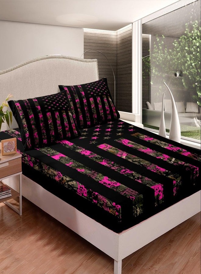 Feelyou Hot Pink Camouflage Bed Sheet Set Boys Girls Queen Size Camo Wild Fitted Sheet for Kids Women Men Wild Hunting Bedding Set Military Style Bed Cover Room Decor - Image 1