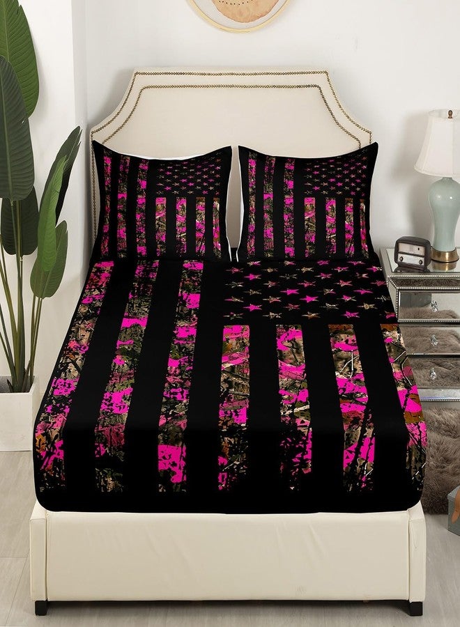 Feelyou Hot Pink Camouflage Bed Sheet Set Boys Girls Queen Size Camo Wild Fitted Sheet for Kids Women Men Wild Hunting Bedding Set Military Style Bed Cover Room Decor - Image 2